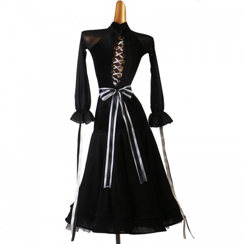 Women girls black color ballroom dance dress modern waltz tango long length dress for lady ballroom dance costumes